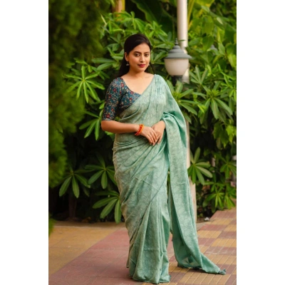 Sky Blue Soft silk self-woven Jacquard sarees paired with Kamalkari style printed Jute Silk blouses in festival season for womne and girls