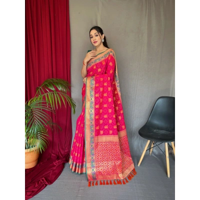 Shree Nakoda Mills Pink pure silk saree blending Paithani contrasting Patola weaves, Meenakari, for women and girl for festival