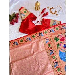 Pink Paithani pure silk saree with beautiful work and Banarsi style for festival and indian cultural wear for women and girls