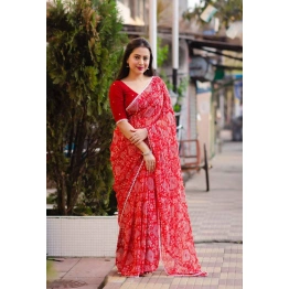 Red soft georgette indian saree adorned with exquisite Worli printfor festival special sare for women Girls