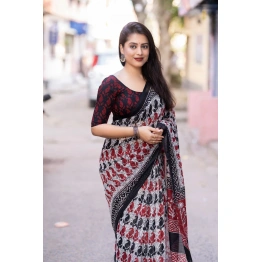 Grey Red online best soft linen-by-linen printed indian saree for women, girls