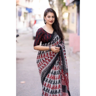 Grey Red online best soft linen-by-linen printed indian saree for women, girls