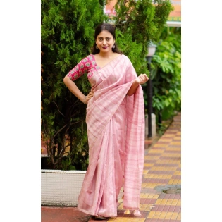 Pink silk Indian saree features an allover woven slub pattern in online best buget and quality