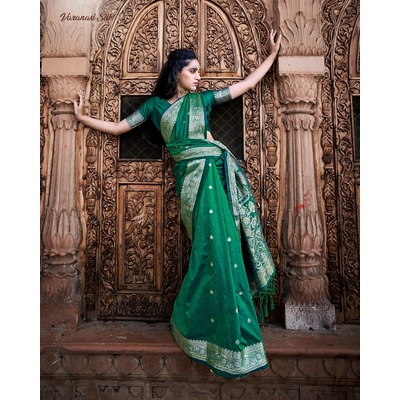 Green charm of Varanasi silk sarees with Banaras Zari weaving for Indian women