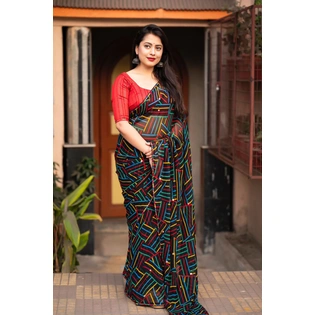 Soft Georgette Saree with Multicolor Geometric Prints | Indian Pattu Saree