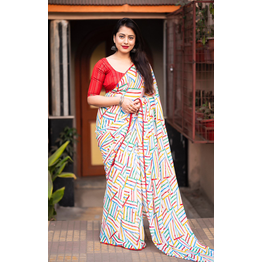 Shree Nakoda Mills Soft Georgette Saree with Multicolor Geometric Prints | Indian Pattu Saree