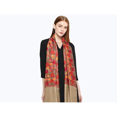 CASMIR Women BEIGE & RED, Green Embroidered STOLE (S904)