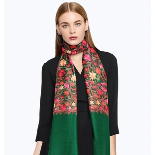 CASMIR Women GREEN & RED, Green Embroidered Stole (S905)