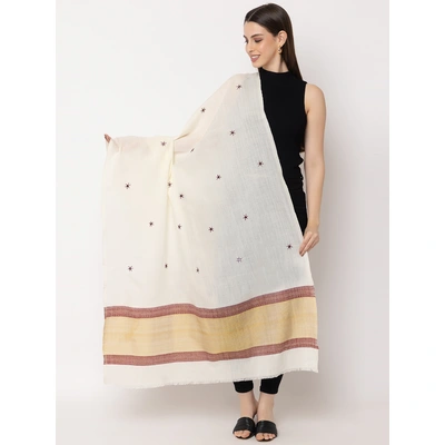 KUTCH Hand ZARI Embroidery Mirror Work WHITE Woolen Shawl