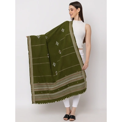 KUTCH Hand Embroidery Mirror Work OLIVE Woolen Shawl