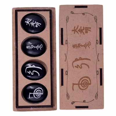 Set of 4 Usui Reiki Symbol Engraved, Black Tourmaline Stone, Oval Shape Usui Reiki Symbol, Reiki Set, Palm Stone, 4 Pcs with Wooden Box(PRI_01)