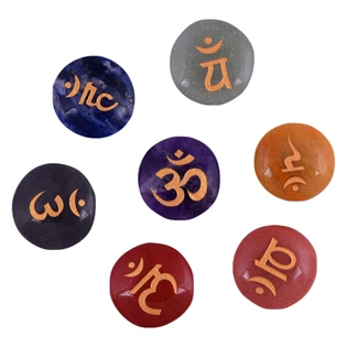 Seven Chakra Stones with Sanskrit Symbol Stones Positive Energy Crystal Meditation Ornament Engraved Round Reiki Set(PRI_07)