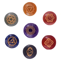 Seven Chakra Symbol Reiki Crystal Healing Set of 7 pcs with Box Reiki Engraved Natural Crystal Round Reiki Set_pri_008(PRI_08)