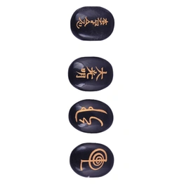 Set of 4 Usui Reiki Symbol Engraved, Black Tourmaline Stone, Oval Shape Usui Reiki Symbol, Reiki Set, Palm Stone, 4 Pcs with Wooden Box_0075(PRI_75)