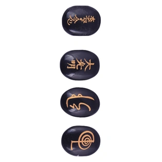 Set of 4 Usui Reiki Symbol Engraved, Black Tourmaline Stone, Oval Shape Usui Reiki Symbol, Reiki Set, Palm Stone, 4 Pcs with Wooden Box_0075(PRI_75)