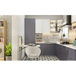 A Compact Kitchen With A Wall Mounted Breakfast Counter