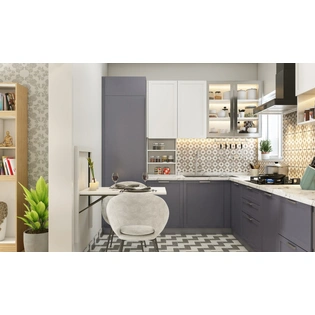 A Compact Kitchen With A Wall Mounted Breakfast Counter