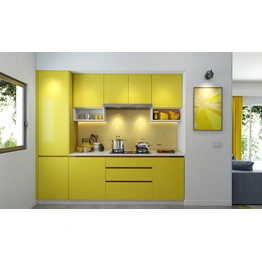 A Parallel Shaped Modular Kitchen Design In Yellow And Grey