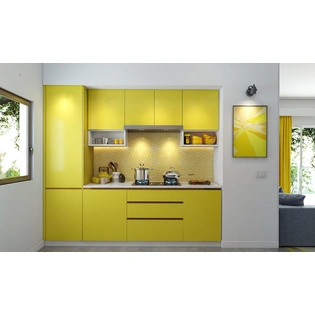 A Parallel Shaped Modular Kitchen Design In Yellow And Grey