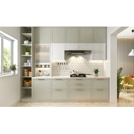 A Neutral Toned Parallel Kitchen With Open Display Shelves