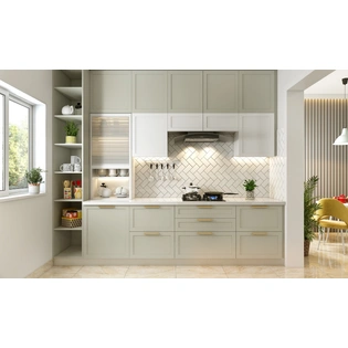 A Neutral Toned Parallel Kitchen With Open Display Shelves