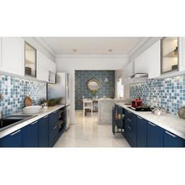 A Parallel Kitchen Designed In Blue Duco Finish