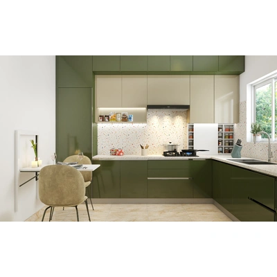 Modular Kitchen With A Wall Mounted Dining Table