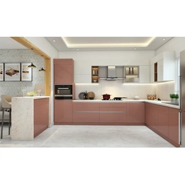 An L-Shaped Kitchen in Rose Pink And White Laminate Finish