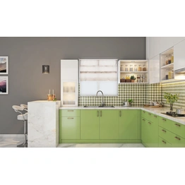 A Refreshing Green Kitchen With A Breakfast Counter