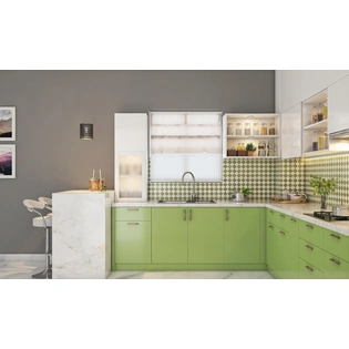 A Refreshing Green Kitchen With A Breakfast Counter