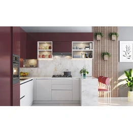 A Muave And White Kitchen Design With A Breakfast Counter