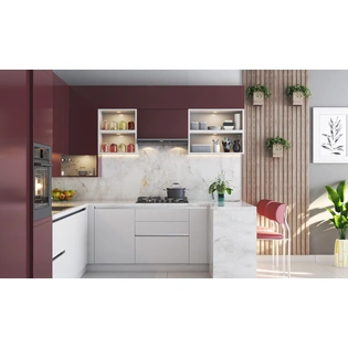 A Muave And White Kitchen Design With A Breakfast Counter