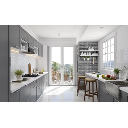 A Parallel Kitchen Designed In Different Shades Of Gray