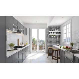 A Parallel Kitchen Designed In Different Shades Of Gray