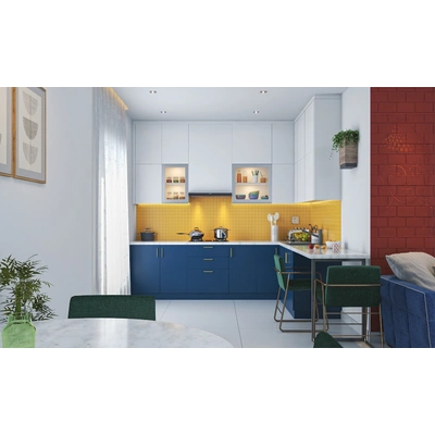 A Vibrant Kitchen Design With A Breakfast Counter