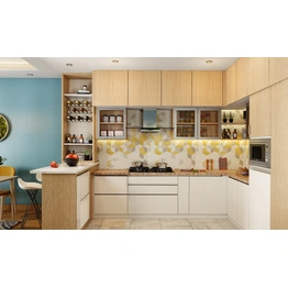 A Kitchen Cum Dining Room In Blue, Yellow And White