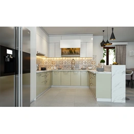 An Elegant G Shaped Kitchen In White And Pastel Green