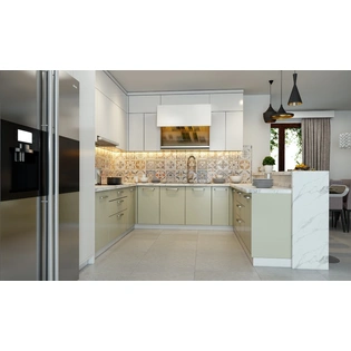 An Elegant G Shaped Kitchen In White And Pastel Green