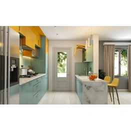 A Parallel Shaped Kitchen With A Dual Colour And A Breakfast Countertop