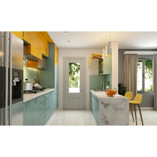 A Parallel Shaped Kitchen With A Dual Colour And A Breakfast Countertop