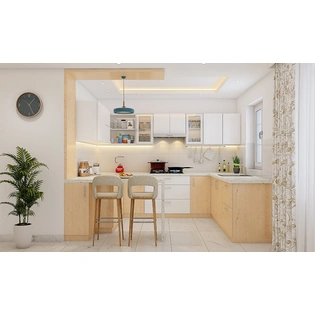 A G Shaped Kitchen With A White And Wooden Finish