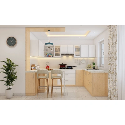 A G Shaped Kitchen With A White And Wooden Finish