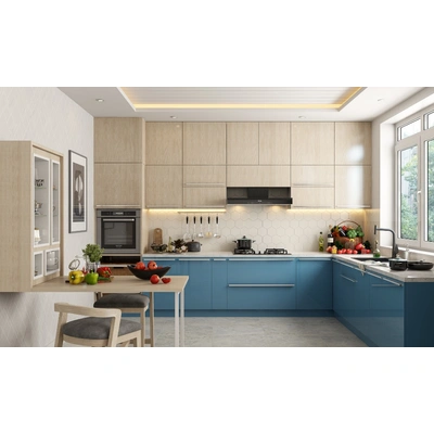 A Blue L Shaped Kitchen Design With A Foldable Breakfast Countertop