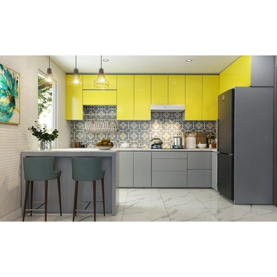 A Yellow And Grey G-Shaped Kitchen With A Tiled Backsplash