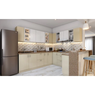 A Light Toned G Shaped Modular Kitchen With A Breakfast Counter