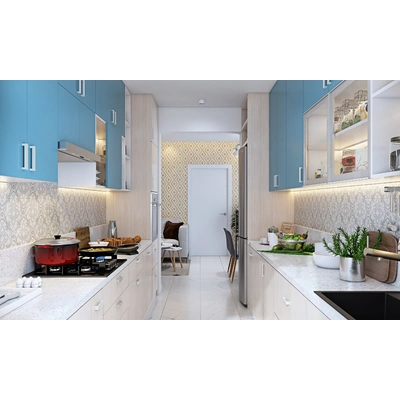 A Parallel Shaped Kitchen In Blue And Light Wood Laminate