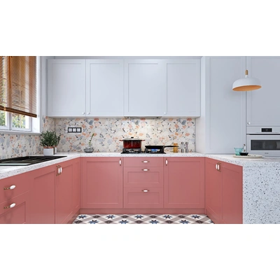 A Pink Kitchen With Patterned Tiled Flooring