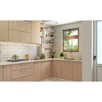 A G Shaped Kitchen In Pink With Open Wine Rack And A Breakfast Counter