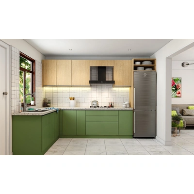 A Modern L Shaped Kitchen Design In Dual Tone