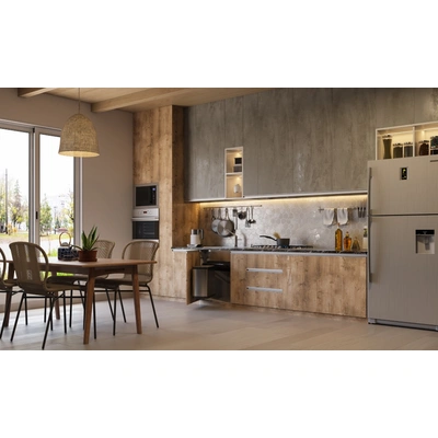 A Straight Shaped Kitchen With A Rustic Wood Finish And A Dining Table